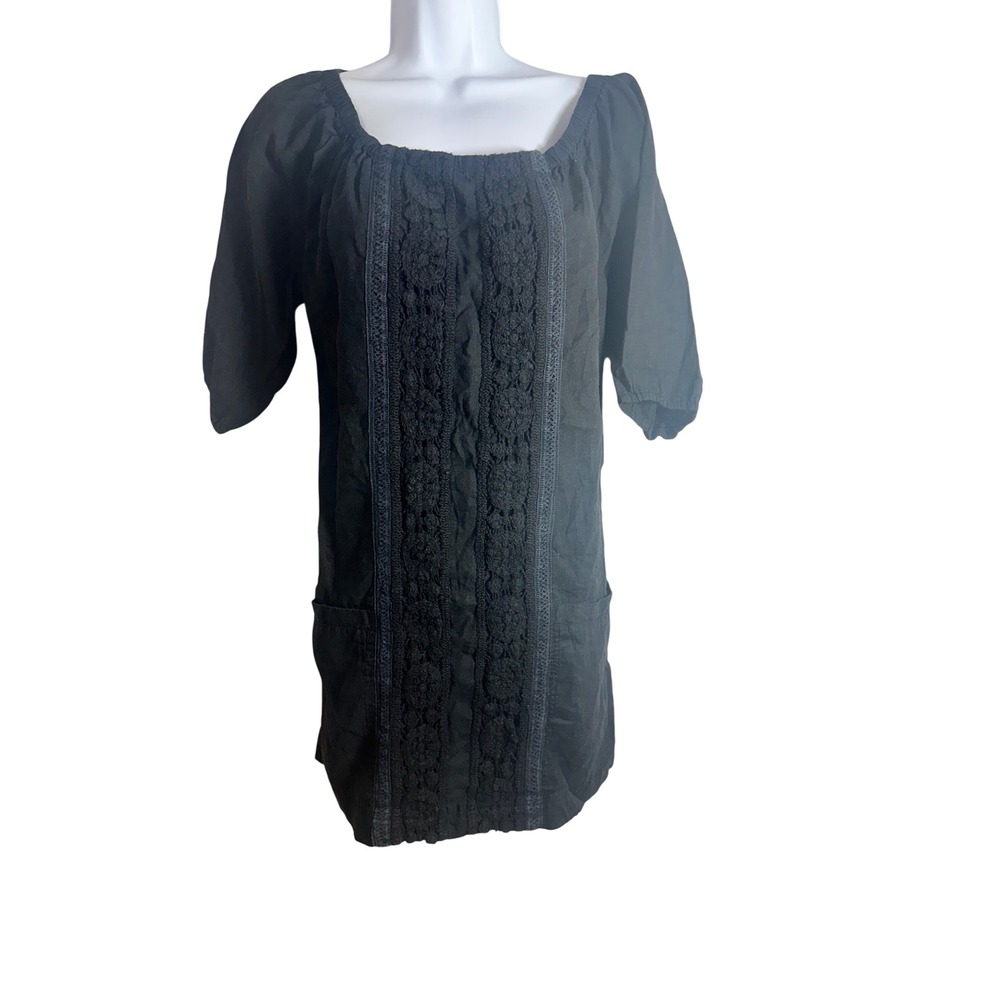 Anthropologie Mermaid Black Linen Blend Crochet Lace Shift Mini Dress XS